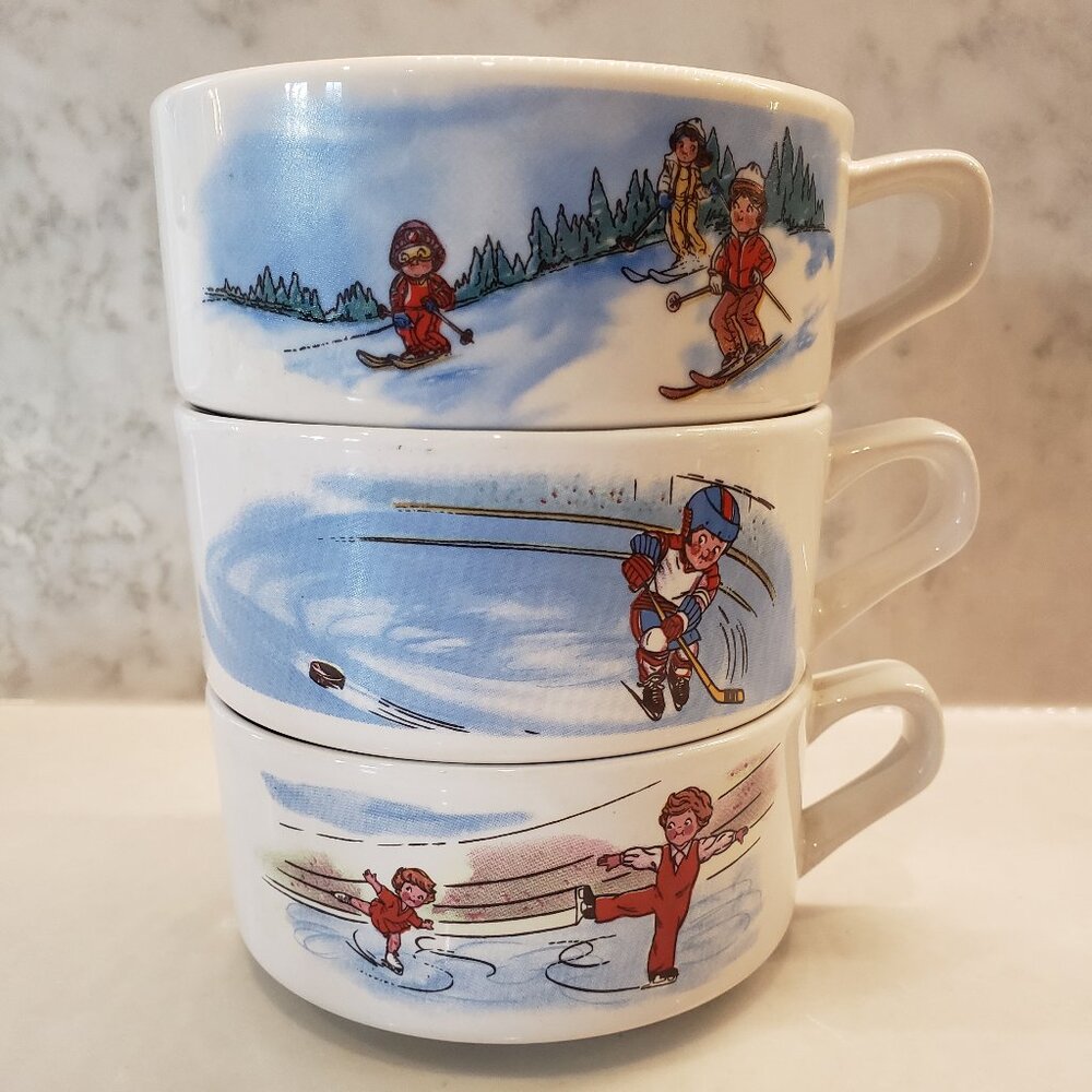 Vintage Campbell’s Kids Soup Mugs, Skiing, Skating, Hockey